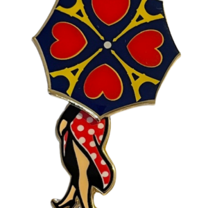 Show Favor Button: MI: Button of Parisian Girl Hiding Behind a Movable/Mechanical, Twirling Umbrella with Eiffel Towers